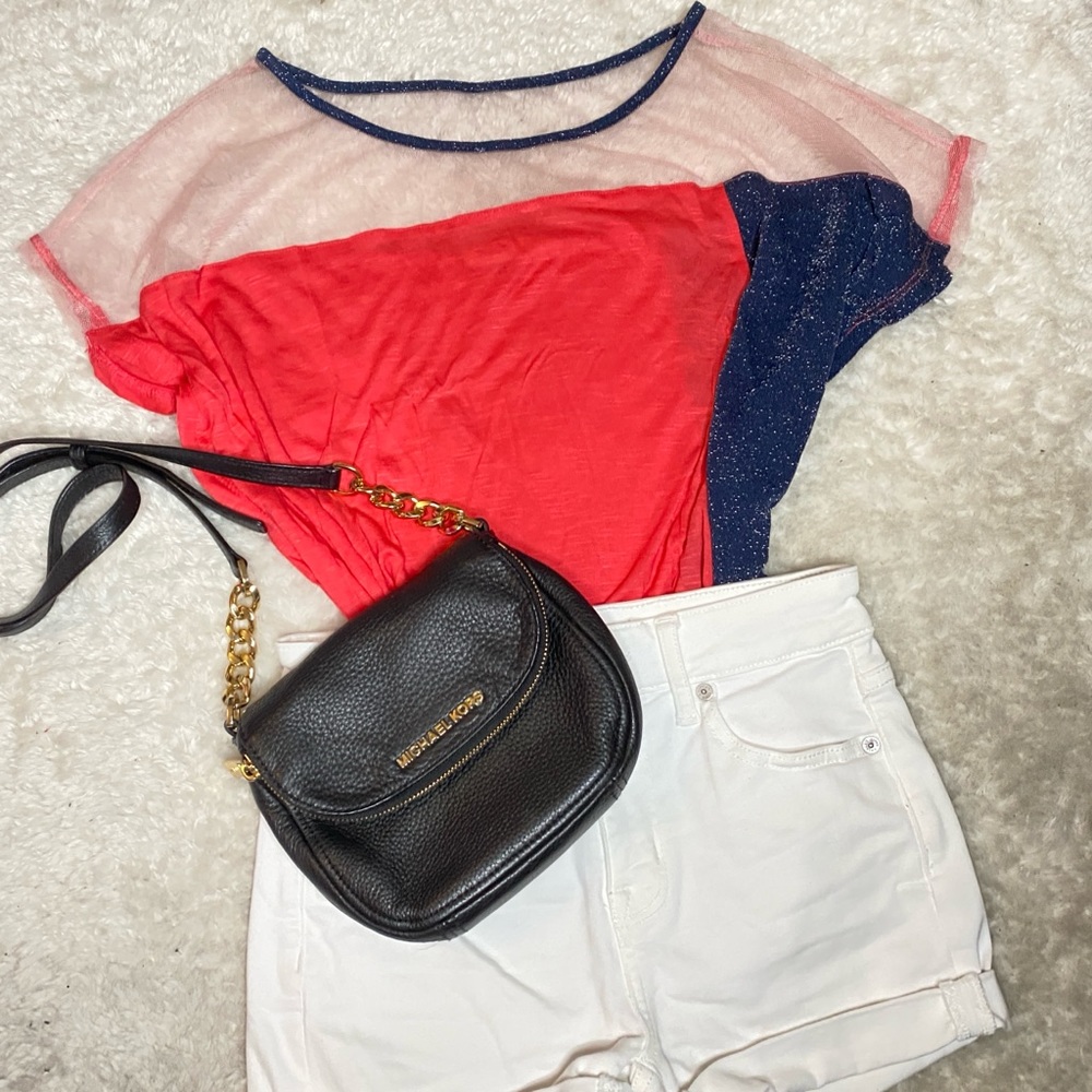 ⭐️2/$35⭐️ Mustard Seed Coral and Navy Blue Sparkle Mesh Neckline Top